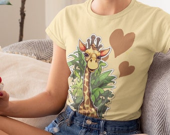 May include: A light yellow short-sleeved t-shirt featuring a graphic print of a giraffe surrounded by green tropical leaves and two brown heart shapes. The shirt has a crew neckline and a standard fit, showcasing a detailed illustration.