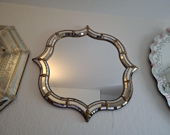 Venetiansk väggspegel 80 cm – Vintage 80-tal – Murano-stil – Guld/fasettslipad