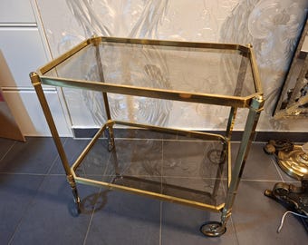 Carrito de servicio vintage de latón y cristal ahumado – década de 1970 – carrito de bar con ruedas – mediados de siglo
