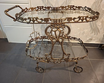 Mycket sällsynt antik serveringsvagn i mässing – Liberty / Art Nouveau – Italien cirka 1900 – barvagn med glashyllor