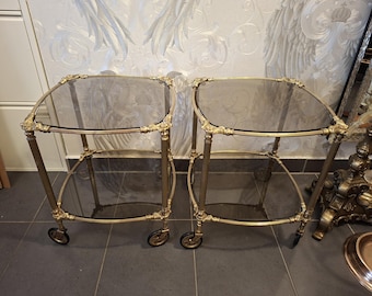 Vintage Brass Side Table Set (2x) with Smoked Glass | Hollywood Regency Serving Trolley | Mid-Century Bar Trolley on Wheels