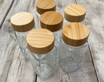 Set of 6 Glass Spice Jars, 4oz, Modern Bamboo Spice Jars, Spice Organizing Containers,