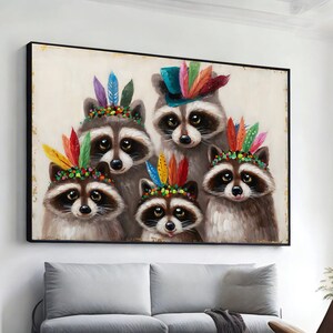 lindo mapache de dibujos animados, arte de panda de basura, lindos estampados de animales, arte de fantasía, cartel de animales, diseño de lienzo de arte de pared, lienzo enmarcado listo para colgar