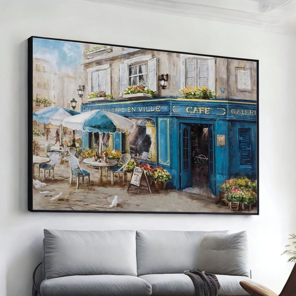 cafe scene large painting on canvas print landscape painting, extra large wall art design, framed canvas ready to hang