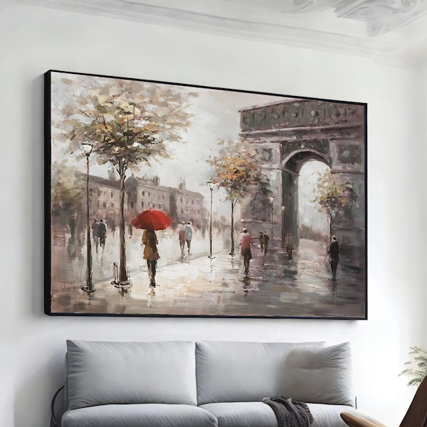 paris city landscape painting, original paris city art painting, extra large wall art design, framed canvas ready to hang