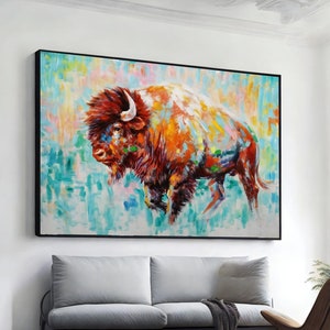 Bison Leinwanddruck, Bison Leinwanddruck, Bison Kunstdruck, extra große Wandkunst, Kunst auf Leinwand, gerahmte Leinwand, fertig zum Aufhängen