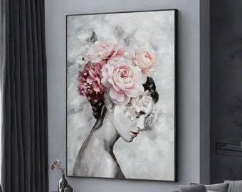 beauty with pretty flowers woman canvas print,beauty woman poster, wall art canvas design, framed canvas ready to hang