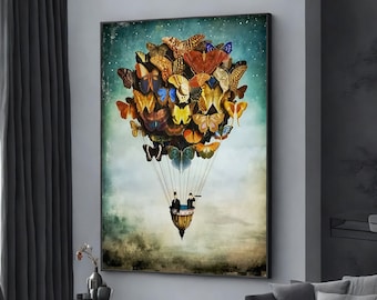 flying butterflies canvas painting, air balloon canvas print, balloon poster, extra large wall art design, framed canvas ready to hang