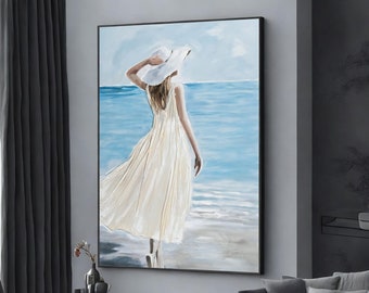 pretty lady on the beach canvas painting, minimalist print, wall art canvas design, framed canvas ready to hang