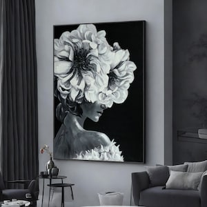Dame mit Blume in schwarz und weiß, Frau mit Blumenkopf leinwand, Frauen leinwand, gerahmte Leinwand fertig zum Aufhängen