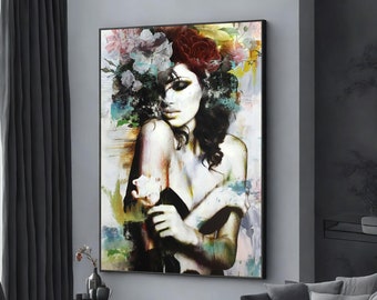 woman and colorful rose canvas art, flower head woman wall art,blooming woman head, wall art canvas design, framed canvas ready to hang