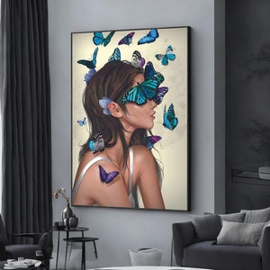 girl and butterflies canvas, abstract woman wall poster, modern home decor, wall art canvas design, framed canvas ready to hang
