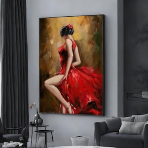 woman in red dress canvas painting, picture of beautiful lady in dress, wall art canvas design, framed canvas ready to hang