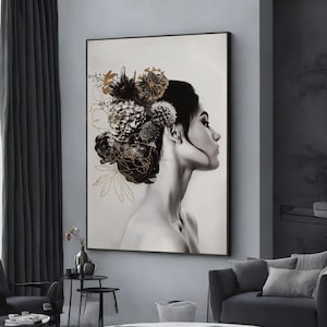 Dama con cabello negro y flores, arte de pared de mujer con cabeza de flor, cabeza de mujer floreciente, diseño de lienzo de arte de pared, lienzo enmarcado listo para colgar