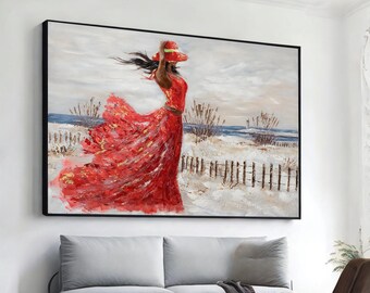 Woman in Red Dress Canvas Painting, Beautiful Lady in Dress, Red Dress on  the Beach, Wall Art Canvas Design, Framed Canvas Ready to Hang - Etsy