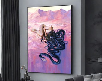 snake woman painting, abstract canvas, illustration octopus painting, extra large wall art design, framed canvas ready to hang