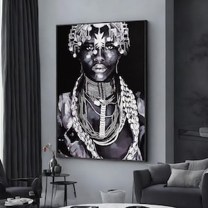 black woman canvas print, african woman painting with ethnic woman art, extra large wall art, wall art design, framed canvas ready to hang