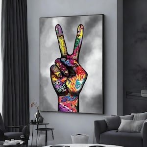 freedom graffiti canvas painting, finger canvas painting, peace sign graffiti canvas print, hands canvas painting, large canvas art