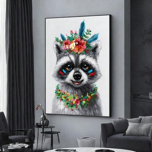 impresión de mapache, arte animal divertido, pintura de mapache, cartel de animales, cartel de guardería, diseño de lienzo de arte de pared, lienzo enmarcado listo para colgar