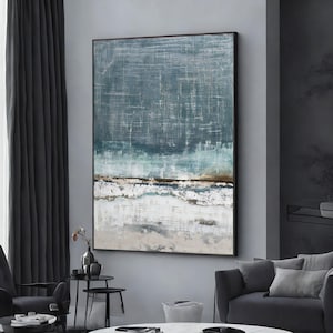 original modern huge painting abstract blue gold beige gray brown white canvas, extra large wall art design, framed canvas ready to hang