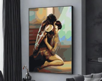 nacktes Paar umarmt, Shibari, erotische sinnliche Wandkunst, extra große Wandkunst, gerahmte Leinwand, fertig zum Aufhängen