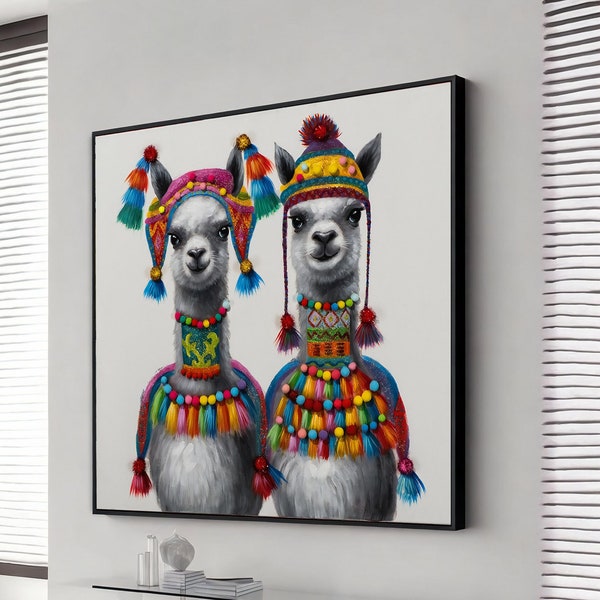 colorful llama art animal print from painting alpaca, extra large wall art, wall art canvas design, framed canvas ready to hang