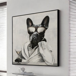 french bulldog with martini wall art, bulldog poster, animal poster, wall art canvas design, framed canvas ready to hang