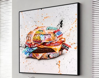 graffiti hamburger canvas, banksy wall art, graffiti canvas painting, hamburger canvas print, pop art fastfood canvas decor