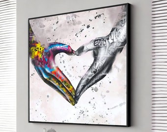 graffiti heart sign hands canvas, banksy wall art, graffiti canvas painting, hands canvas print, pop art love sign, large canvas art