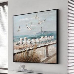 seagull wall art white painting canvas prints birds beach themed coastal, extra large wall art design, framed canvas ready to hang
