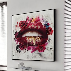 graffiti lip canvas, pop art lip painting, artistic lip art, red lip painting, lip canvas print, graffiti art, large canvas art