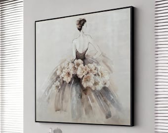 woman in white hat canvas wall art, lady in a ball dress with flowers, wall art canvas design, framed canvas ready to hang