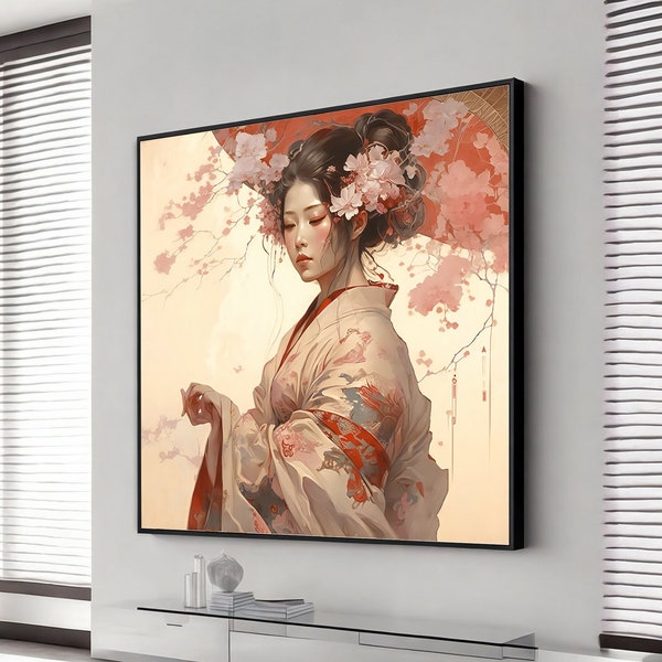 Japanse kunst, geisha's, mooie vrouwen, bejin-ga, geisha portret, extra grote kunst aan de muur, kunst aan de muur design, ingelijst canvas klaar om op te hangen