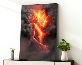 fire couple canvas wall art, love couples hugging canvas painting, fire canvas print, water canvas painting, framed canvas ready to hang