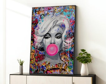 bubble gum woman canvas wall art, pop art wall art, graffiti art, banksy graffiti art, canvas street artwork, framed canvas ready to hang