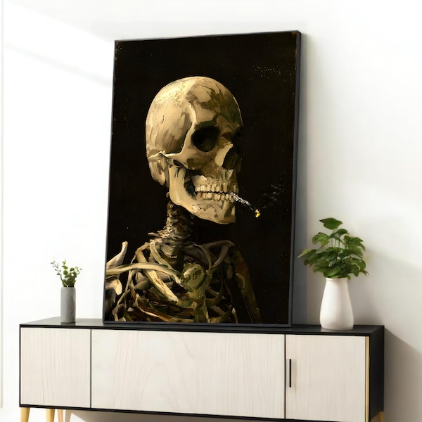 Van Gogh Inspired Wall Decor - "Skeleton with Burning Cigarette" Canvas, Vintage Surreal Art for Collectors & Gifts