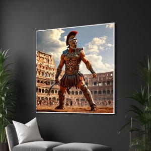 Fierce Gladiator Warrior Canvas, Ancient Roman Colosseum Art, Historical Battle Scene Wall Decor, Powerful Hero Canvas, Martial Strength