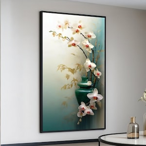 Elegante quadro su tela con orchidea bianca, dipinto di natura morta floreale, decorazione con vaso verde, tela botanica in stile asiatico, parete moderna con natura