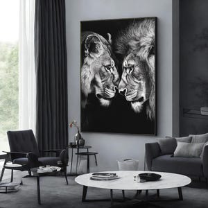 Lion Pair Canvas Art, Black and White Lion Wall Print, Animal Wall Art, Lion Love Poster, Canvas Design, Ready to Hang Home Decor