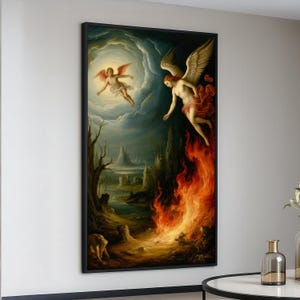 Divine Angels Canvas Wall Art, Heavenly Light and Fiery Flames, Spiritual Fantasy Painting, Angelic Mythology Canvas, Dramatic Wall