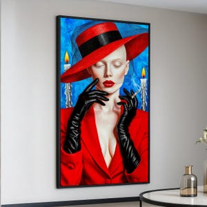 Elegante donna con cappello rosso su tela, ritratto glamour vintage, decorazione murale di moda, guanti neri che fumano, contrasto di colori audaci