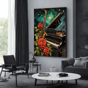 Melodia jazz romantica su tela, decorazione murale con sassofono e pianoforte a coda, decorazione floreale con rose rosse, cielo notturno cosmico su tela, sala musica per la casa