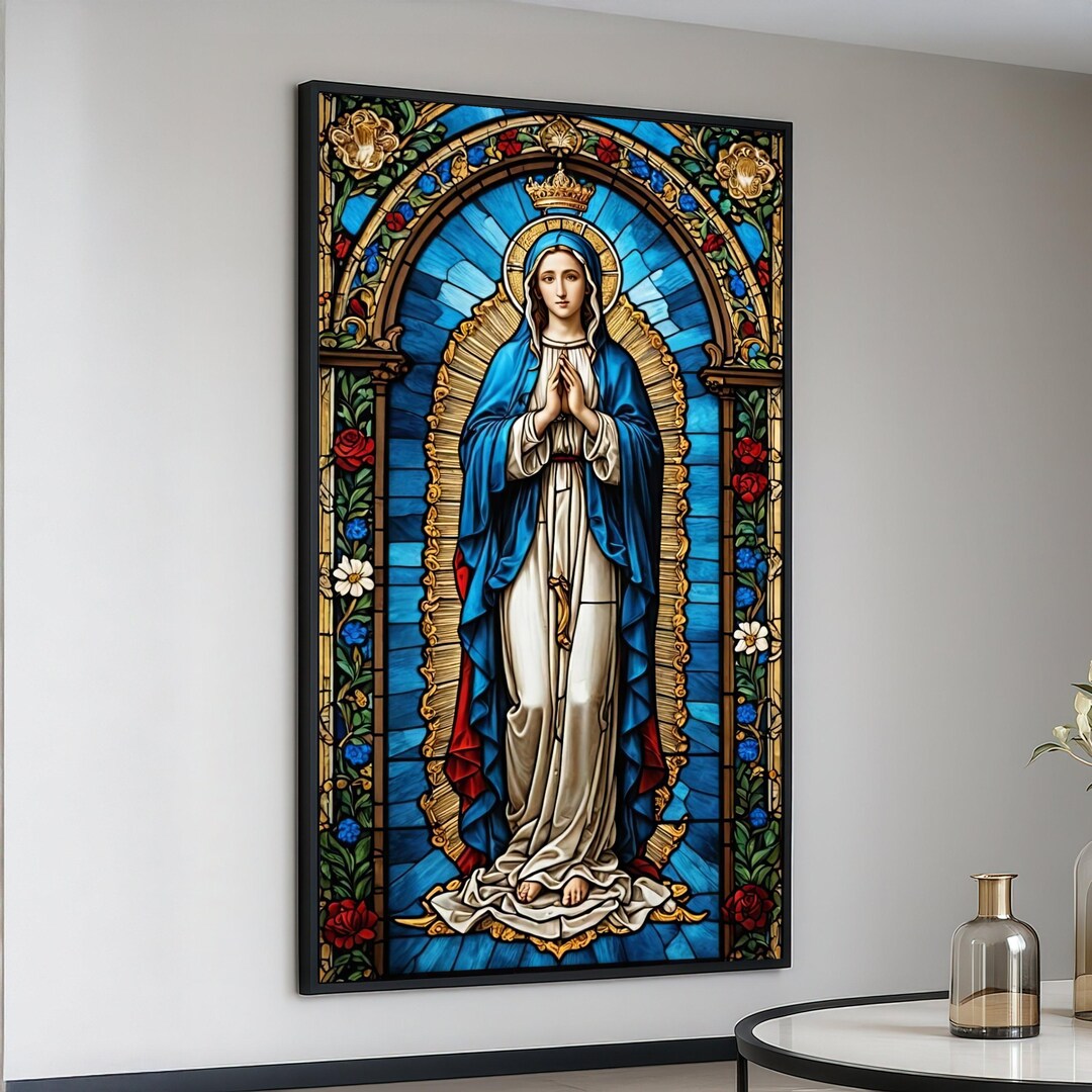 Virgin Mary Stained Glass Canvas, Religious Wall Art, Catholic Home ...