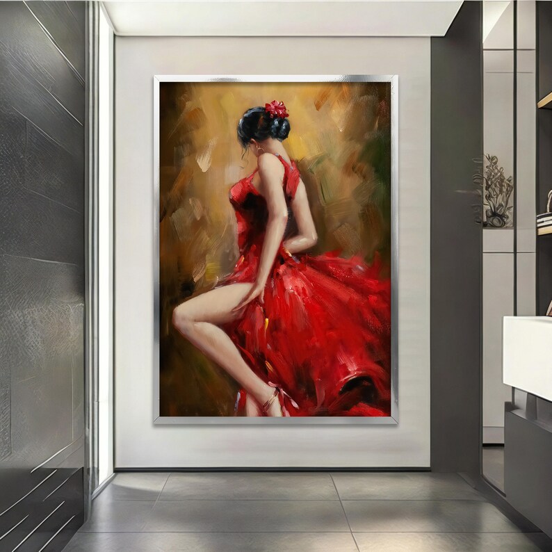 Woman in Red Dress Canvas Painting, Picture of Beautiful Lady in Dress