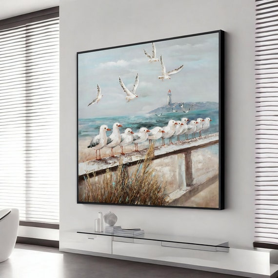 seagull wall art white painting canvas prints birds beach themed coastal, extra large wall art design, framed canvas ready to hang