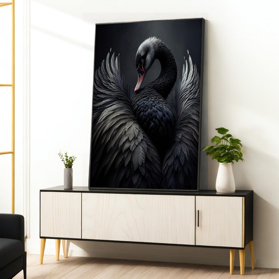 swan painting, black swan art, swan wall art, swan decor, bird painting, wall art canvas design, framed canvas ready to hang
