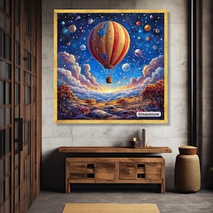 Tela con viaggio spaziale in mongolfiera, paesaggio fantasy, decorazione surreale del cielo galattico, stampa su tela con avventura cosmica
