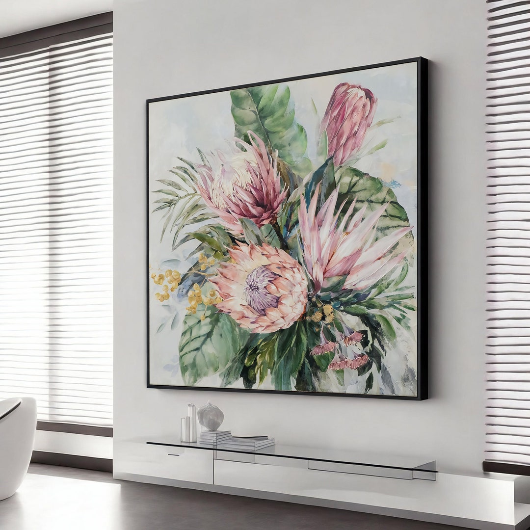Large Wall Art Canvas, Floral Wall Art, Pink and Blue Meadow Print ...