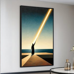 Guerriero illuminato, tela con raggio di luce della spada, arte murale con silhouette mistica, spettacolare tramonto sull'oceano, decorazione moderna per la casa