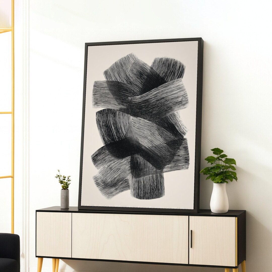 Modern Black and White Abstract Canvas, Minimalist Brush Stroke Wall ...